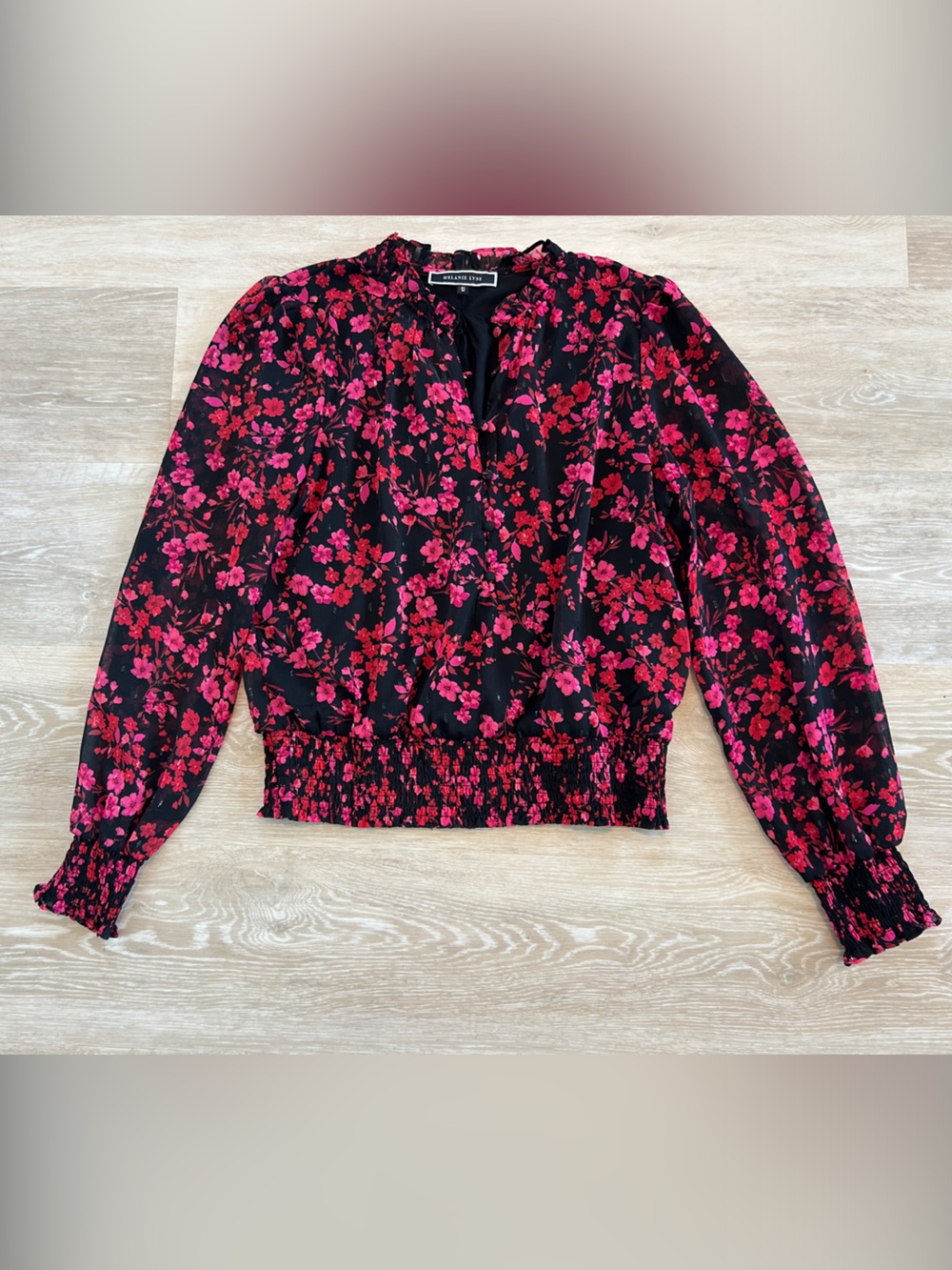 Floral Smocked-Waist Long Sleeve Blouse - Black with Red/Pink Flowers